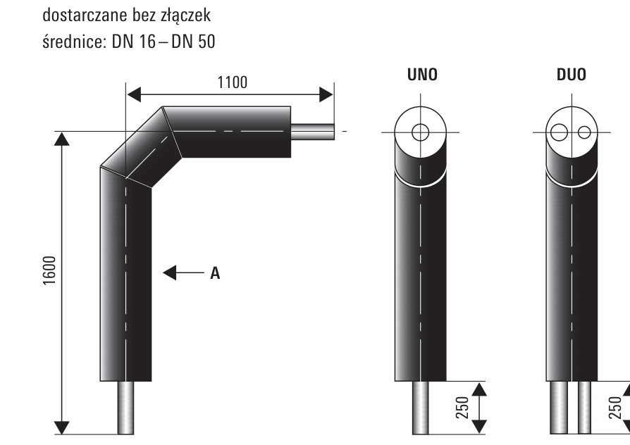 CALPEX — łuk preizolowany 90°, PN10, rysunek techniczny poglądowy